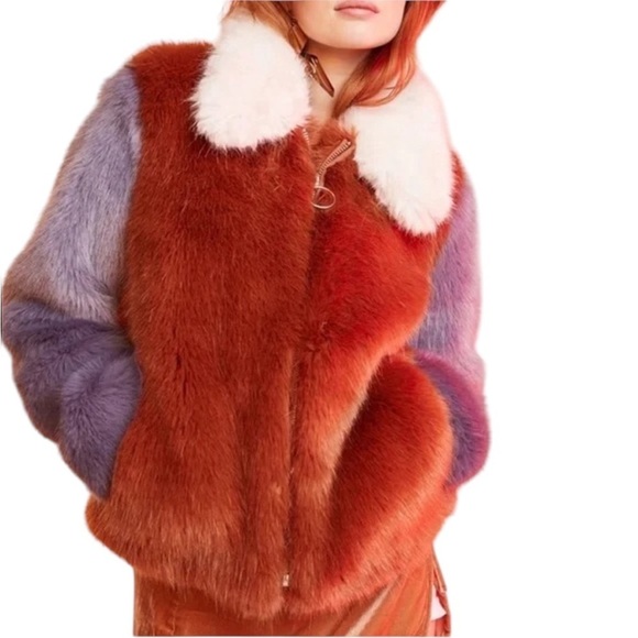 LPA *Celebrity Favorite* Faux Fur Color Block Jacket 413 in Rust & Lilac - Picture 4 of 16